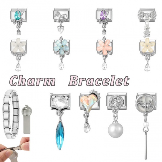 Picture of 1 Piece 304 Stainless Steel Italian Charm Links For DIY Modular Bracelet Watch Jewelry Making Wholesale Silver Tone Rectangle Butterfly Blue Rhinestone 10mm x 9mm
