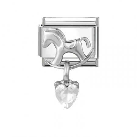 Picture of 1 Piece 304 Stainless Steel Italian Charm Links For DIY Modular Bracelet Watch Jewelry Making Wholesale Silver Tone Rectangle Rocking Horse Clear Rhinestone 10mm x 9mm