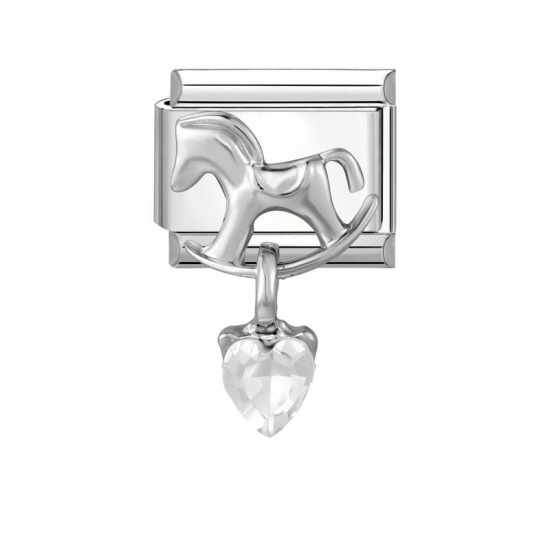Picture of 1 Piece 304 Stainless Steel Italian Charm Links For DIY Modular Bracelet Watch Jewelry Making Wholesale Silver Tone Rectangle Rocking Horse Clear Rhinestone 10mm x 9mm