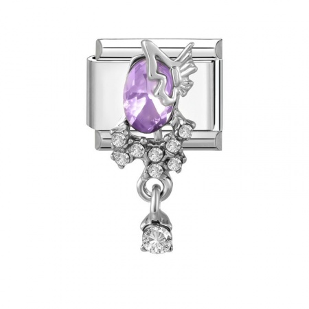 Picture of 1 Piece 304 Stainless Steel Italian Charm Links For DIY Modular Bracelet Watch Jewelry Making Wholesale Silver Tone Rectangle Butterfly Purple Rhinestone 10mm x 9mm