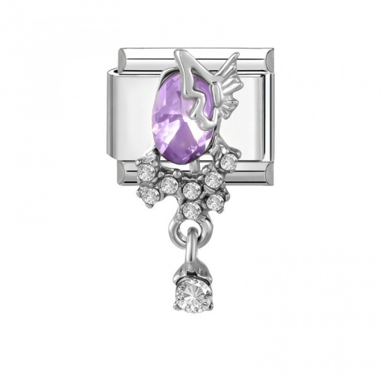 Picture of 1 Piece 304 Stainless Steel Italian Charm Links For DIY Modular Bracelet Watch Jewelry Making Wholesale Silver Tone Rectangle Butterfly Purple Rhinestone 10mm x 9mm