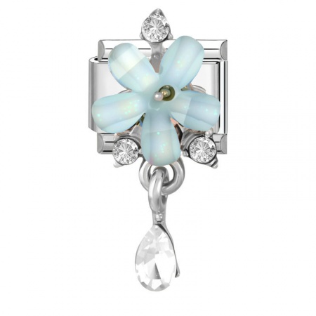 Picture of 1 Piece 304 Stainless Steel Italian Charm Links For DIY Modular Bracelet Watch Jewelry Making Wholesale Silver Tone Blue Rectangle Flower Clear Rhinestone 10mm x 9mm