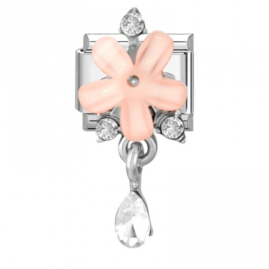 Picture of 1 Piece 304 Stainless Steel Italian Charm Links For DIY Modular Bracelet Watch Jewelry Making Wholesale Silver Tone Pink Rectangle Flower Clear Rhinestone 10mm x 9mm