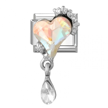 Picture of 1 Piece 304 Stainless Steel Valentine's Day Italian Charm Links For DIY Modular Bracelet Watch Jewelry Making Wholesale Silver Tone Rectangle Heart Orange Rhinestone 10mm x 9mm