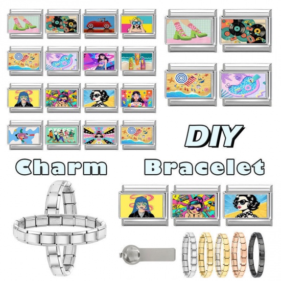 Picture of 1 Piece 304 Stainless Steel Y2K Italian Charm Links For DIY Modular Bracelet Watch Jewelry Making Wholesale Silver Tone Black Rectangle Vinyl Records 10mm x 9mm
