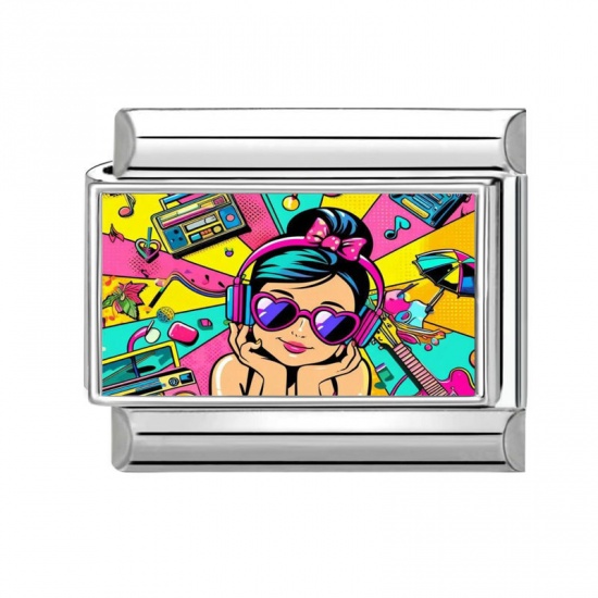 Picture of 1 Piece 304 Stainless Steel Y2K Italian Charm Links For DIY Modular Bracelet Watch Jewelry Making Wholesale Silver Tone Multicolor Rectangle Girl 10mm x 9mm