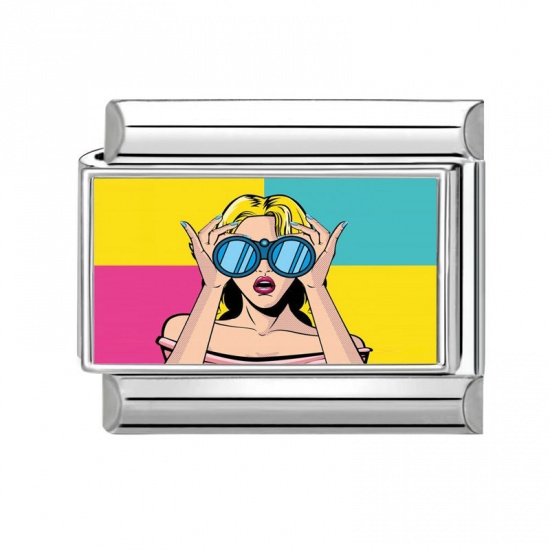 Picture of 1 Piece 304 Stainless Steel Y2K Italian Charm Links For DIY Modular Bracelet Watch Jewelry Making Wholesale Silver Tone Multicolor Rectangle Girl 10mm x 9mm