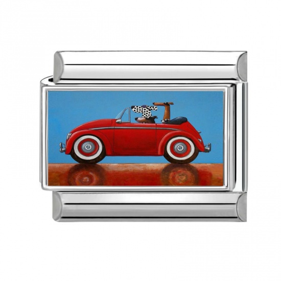 Picture of 1 Piece 304 Stainless Steel Y2K Italian Charm Links For DIY Modular Bracelet Watch Jewelry Making Wholesale Silver Tone Red Rectangle Car 10mm x 9mm
