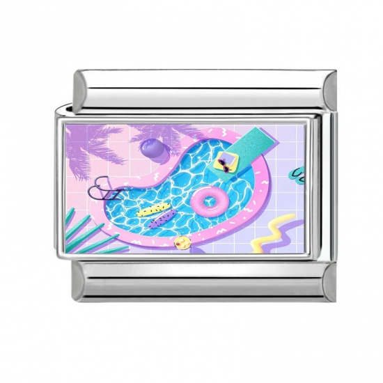 Picture of 1 Piece 304 Stainless Steel Y2K Italian Charm Links For DIY Modular Bracelet Watch Jewelry Making Wholesale Silver Tone Purple Rectangle Swimming Pool 10mm x 9mm