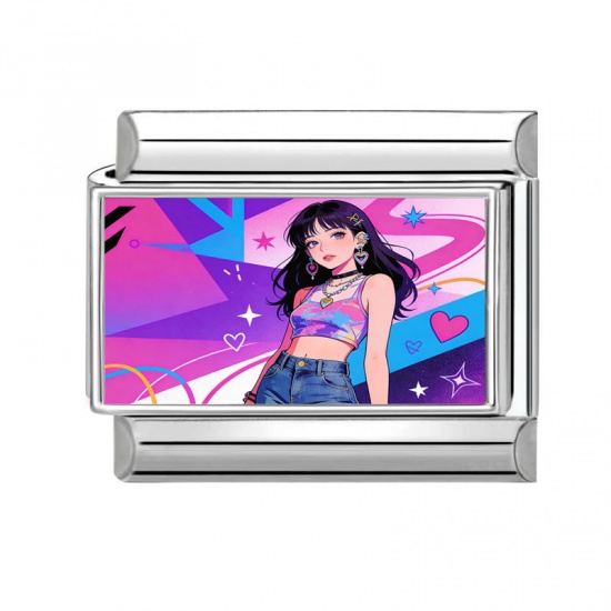 Picture of 1 Piece 304 Stainless Steel Y2K Italian Charm Links For DIY Modular Bracelet Watch Jewelry Making Wholesale Silver Tone Multicolor Rectangle Girl 10mm x 9mm