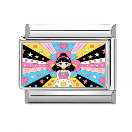 Picture of 1 Piece 304 Stainless Steel Y2K Italian Charm Links For DIY Modular Bracelet Watch Jewelry Making Wholesale Silver Tone Multicolor Rectangle Girl 10mm x 9mm