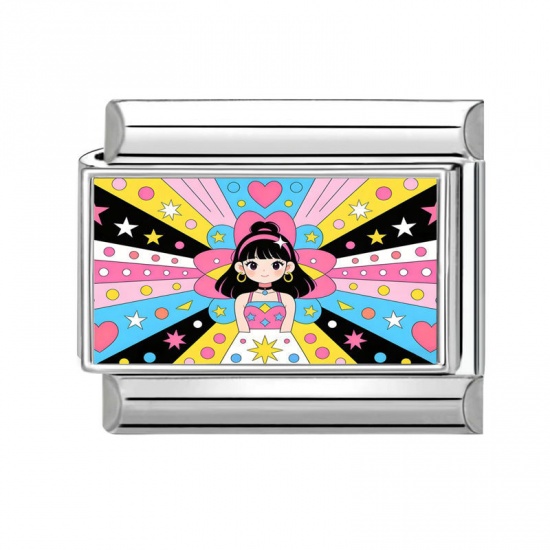 Picture of 1 Piece 304 Stainless Steel Y2K Italian Charm Links For DIY Modular Bracelet Watch Jewelry Making Wholesale Silver Tone Multicolor Rectangle Girl 10mm x 9mm