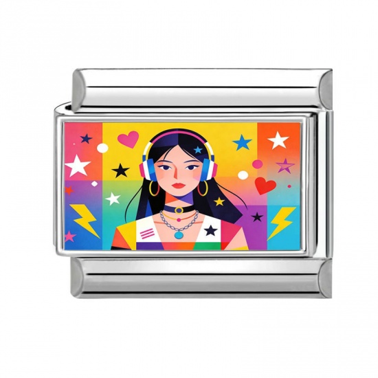 Picture of 1 Piece 304 Stainless Steel Y2K Italian Charm Links For DIY Modular Bracelet Watch Jewelry Making Wholesale Silver Tone Multicolor Rectangle Girl 10mm x 9mm