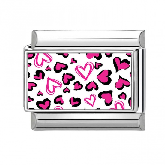 Picture of 1 Piece 304 Stainless Steel Valentine's Day Italian Charm Links For DIY Modular Bracelet Watch Jewelry Making Wholesale Silver Tone Fuchsia Rectangle Heart 10mm x 9mm