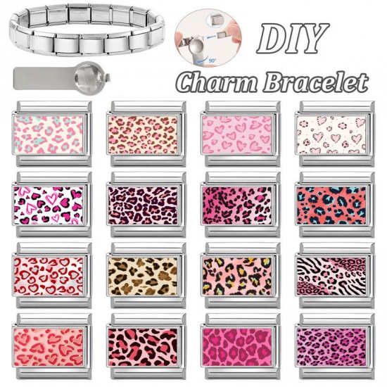 Picture of 1 Piece 304 Stainless Steel Valentine's Day Italian Charm Links For DIY Modular Bracelet Watch Jewelry Making Wholesale Silver Tone Fuchsia Rectangle Heart 10mm x 9mm