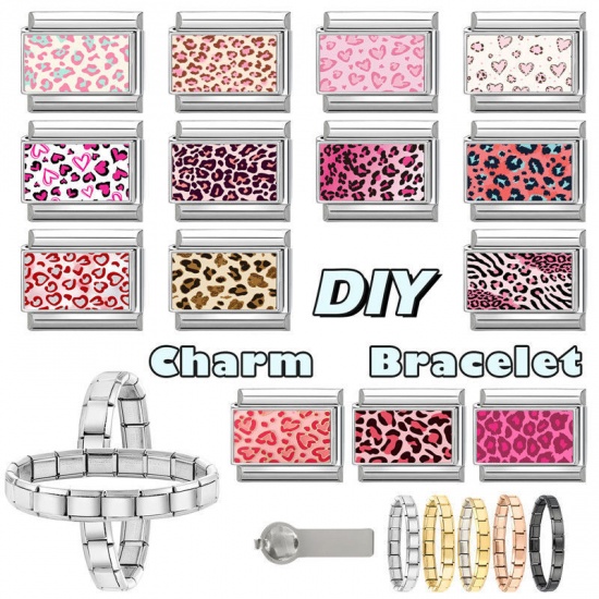 Picture of 1 Piece 304 Stainless Steel Valentine's Day Italian Charm Links For DIY Modular Bracelet Watch Jewelry Making Wholesale Silver Tone Fuchsia Rectangle Heart 10mm x 9mm