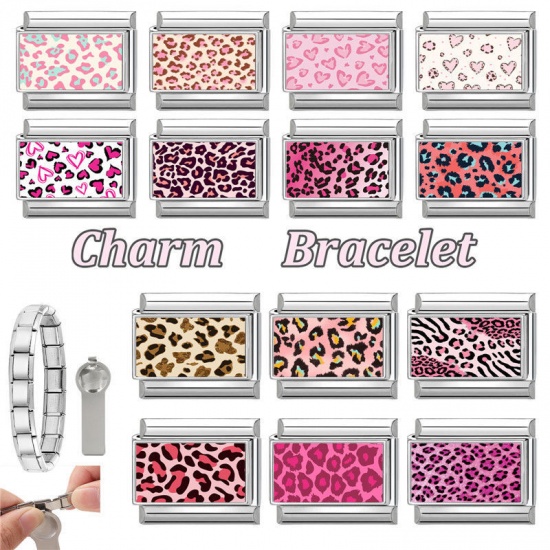 Picture of 1 Piece 304 Stainless Steel Valentine's Day Italian Charm Links For DIY Modular Bracelet Watch Jewelry Making Wholesale Silver Tone Fuchsia Rectangle Heart 10mm x 9mm