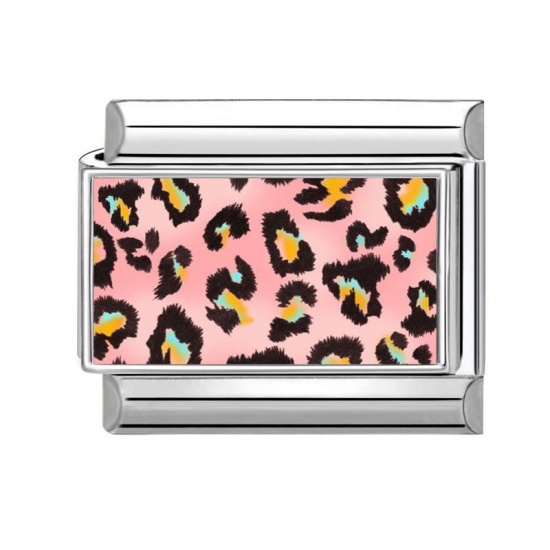 Picture of 1 Piece 304 Stainless Steel Italian Charm Links For DIY Modular Bracelet Watch Jewelry Making Wholesale Silver Tone Pink Rectangle Leopard Print 10mm x 9mm