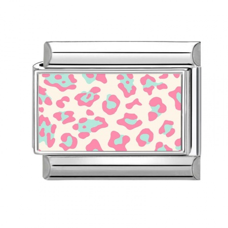 Picture of 1 Piece 304 Stainless Steel Italian Charm Links For DIY Modular Bracelet Watch Jewelry Making Wholesale Silver Tone Pink Rectangle Leopard Print 10mm x 9mm