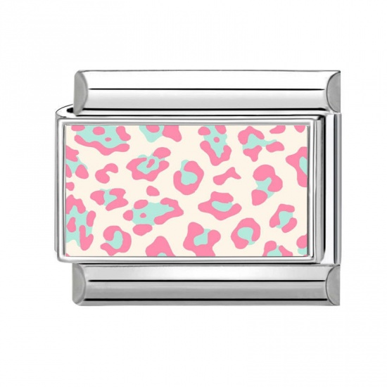 Picture of 1 Piece 304 Stainless Steel Italian Charm Links For DIY Modular Bracelet Watch Jewelry Making Wholesale Silver Tone Pink Rectangle Leopard Print 10mm x 9mm