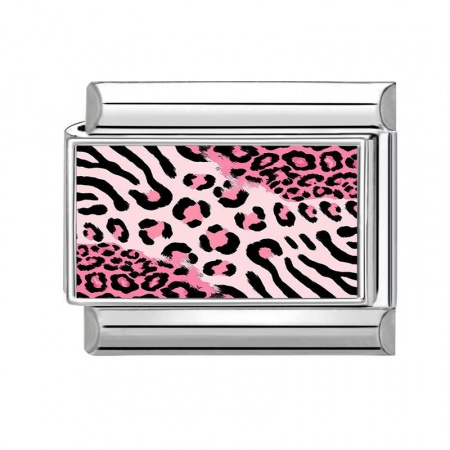 Picture of 1 Piece 304 Stainless Steel Italian Charm Links For DIY Modular Bracelet Watch Jewelry Making Wholesale Silver Tone Pink Rectangle Leopard Print 10mm x 9mm