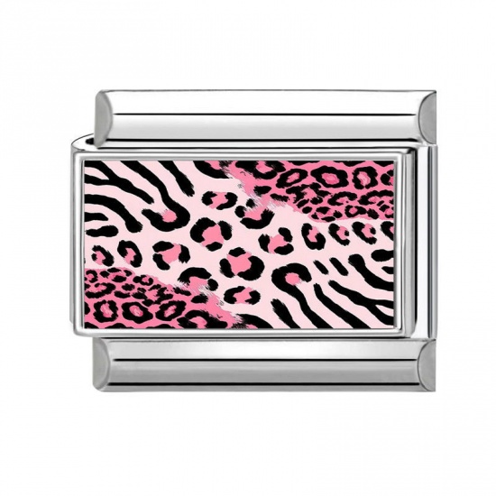 Picture of 1 Piece 304 Stainless Steel Italian Charm Links For DIY Modular Bracelet Watch Jewelry Making Wholesale Silver Tone Pink Rectangle Leopard Print 10mm x 9mm