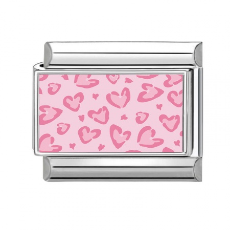 Picture of 1 Piece 304 Stainless Steel Valentine's Day Italian Charm Links For DIY Modular Bracelet Watch Jewelry Making Wholesale Silver Tone Pink Rectangle Heart 10mm x 9mm