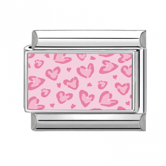 Picture of 1 Piece 304 Stainless Steel Valentine's Day Italian Charm Links For DIY Modular Bracelet Watch Jewelry Making Wholesale Silver Tone Pink Rectangle Heart 10mm x 9mm
