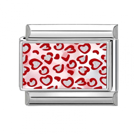 Picture of 1 Piece 304 Stainless Steel Valentine's Day Italian Charm Links For DIY Modular Bracelet Watch Jewelry Making Wholesale Silver Tone Red Rectangle Heart 10mm x 9mm