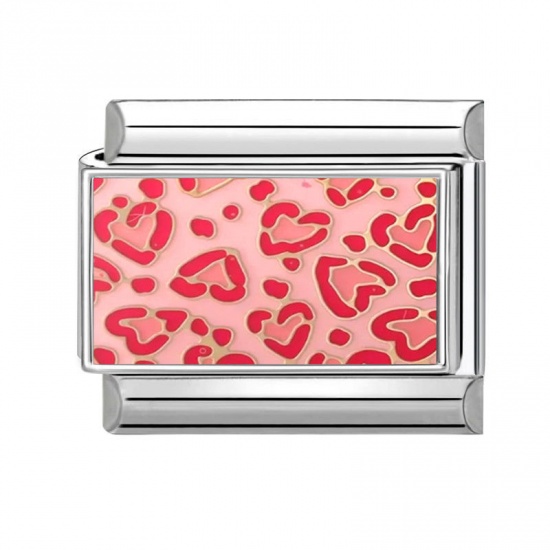 Picture of 1 Piece 304 Stainless Steel Valentine's Day Italian Charm Links For DIY Modular Bracelet Watch Jewelry Making Wholesale Silver Tone Fuchsia Rectangle Heart 10mm x 9mm