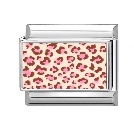 Picture of 1 Piece 304 Stainless Steel Italian Charm Links For DIY Modular Bracelet Watch Jewelry Making Wholesale Silver Tone Pink Rectangle Leopard Print 10mm x 9mm