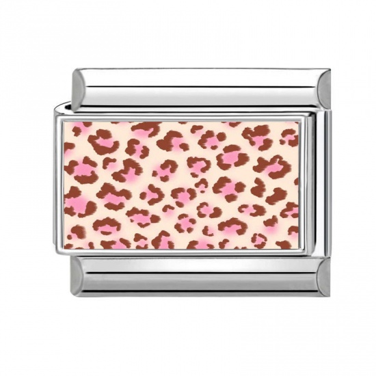 Picture of 1 Piece 304 Stainless Steel Italian Charm Links For DIY Modular Bracelet Watch Jewelry Making Wholesale Silver Tone Pink Rectangle Leopard Print 10mm x 9mm