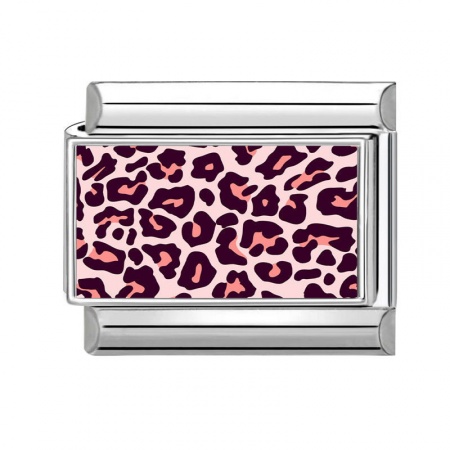Picture of 1 Piece 304 Stainless Steel Italian Charm Links For DIY Modular Bracelet Watch Jewelry Making Wholesale Silver Tone Fuchsia Rectangle Leopard Print 10mm x 9mm