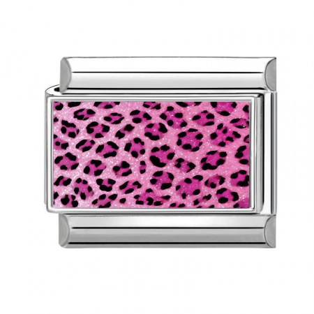 Picture of 1 Piece 304 Stainless Steel Italian Charm Links For DIY Modular Bracelet Watch Jewelry Making Wholesale Silver Tone Fuchsia Rectangle Leopard Print 10mm x 9mm