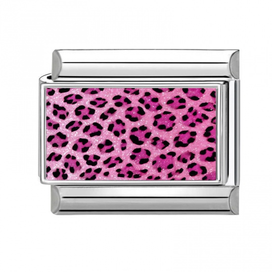 Picture of 1 Piece 304 Stainless Steel Italian Charm Links For DIY Modular Bracelet Watch Jewelry Making Wholesale Silver Tone Fuchsia Rectangle Leopard Print 10mm x 9mm