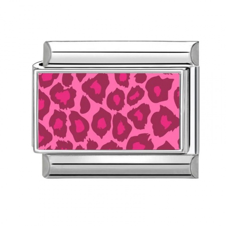 Picture of 1 Piece 304 Stainless Steel Italian Charm Links For DIY Modular Bracelet Watch Jewelry Making Wholesale Silver Tone Fuchsia Rectangle Leopard Print 10mm x 9mm