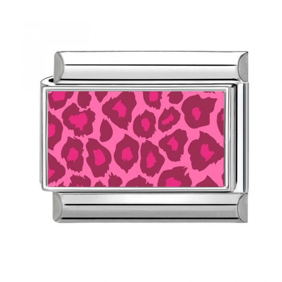 Picture of 1 Piece 304 Stainless Steel Italian Charm Links For DIY Modular Bracelet Watch Jewelry Making Wholesale Silver Tone Fuchsia Rectangle Leopard Print 10mm x 9mm
