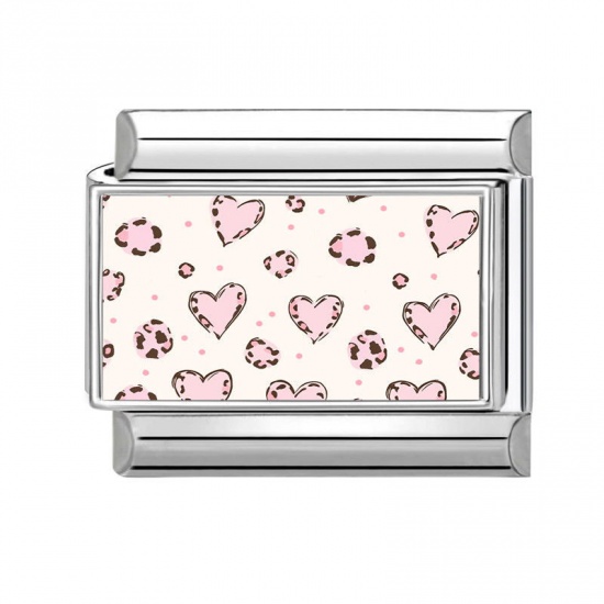 Picture of 1 Piece 304 Stainless Steel Valentine's Day Italian Charm Links For DIY Modular Bracelet Watch Jewelry Making Wholesale Silver Tone Pink Rectangle Heart 10mm x 9mm