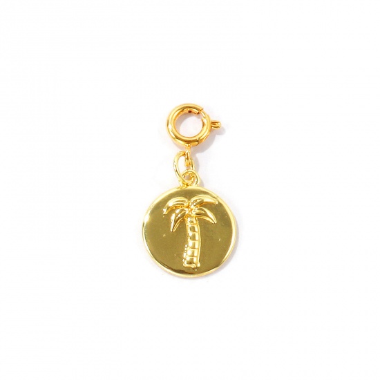 Bild von 1 Stück Umweltfreundlich Messing Charms Großhandel 18K Echtgold plattiert Rund Kokospalme Mit Federringverschluss 29mm x 14mm