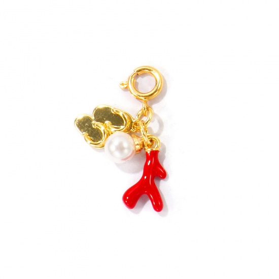 Bild von 1 Stück Umweltfreundlich Messing Ozean Schmuck Anhänger Großhandel 18K Echtgold plattiert Flip-Flops Koralle Mit Federringverschluss 3cm