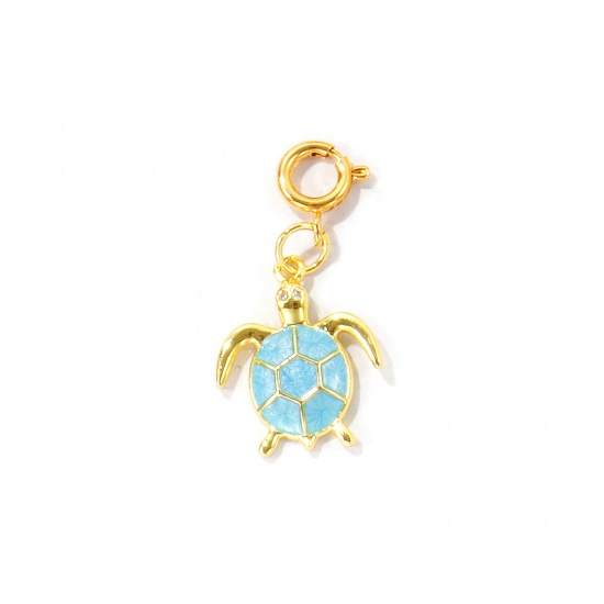 Bild von 1 Stück Umweltfreundlich Messing Ozean Schmuck Anhänger Großhandel 18K Echtgold plattiert Blau Schildkroete Mit Federringverschluss 3cm x 1.5cm