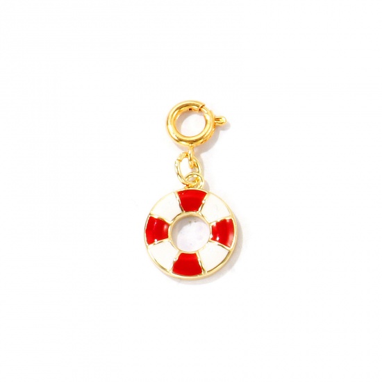 Bild von 1 Stück Umweltfreundlich Messing Charms Großhandel 18K Echtgold plattiert Weiß & Rot Schwimmring Mit Federringverschluss 27mm x 13mm