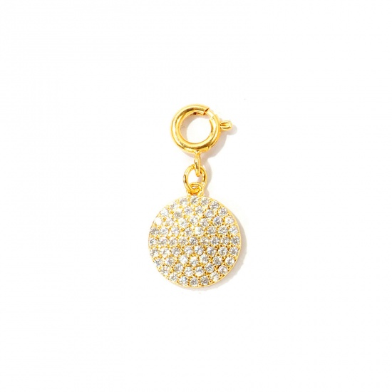 Imagen de 1 Unidad Respetuoso del Medio Ambiente Latón Micro Pave Colgantes Al Por Mayor 18K Oro Real Chapado Ronda Con Cierre De Resorte Claro Circón Artificial 26mm x 12.5mm
