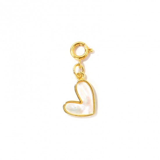 Imagen de 1 Unidad Respetuoso del Medio Ambiente Concha Naturales & Latón día de San Valentín Colgantes Al Por Mayor 18K Oro Real Chapado Blanco Corazón Con Cierre De Resorte 28mm x 12mm