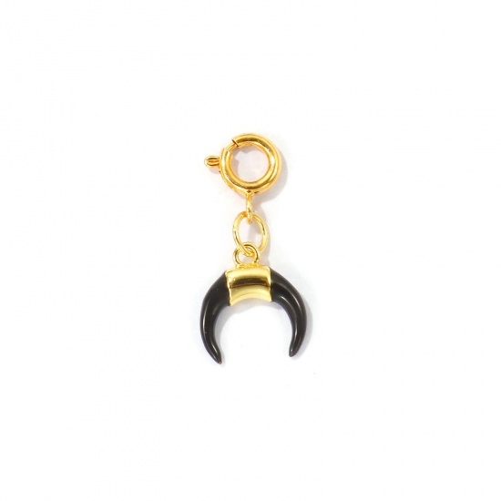 Imagen de 1 Unidad Respetuoso del Medio Ambiente Latón Vaquero del Oeste Colgantes Al Por Mayor 18K Oro Real Chapado Negro Luna Creciente Doble Cuerno Con Cierre De Resorte 25mm x 11.5mm