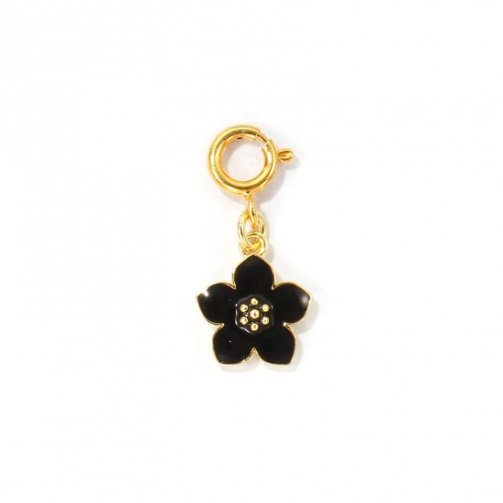 Imagen de 1 Unidad Respetuoso del Medio Ambiente Latón Colgantes Al Por Mayor 18K Oro Real Chapado Negro Flor Con Cierre De Resorte 24mm x 11mm