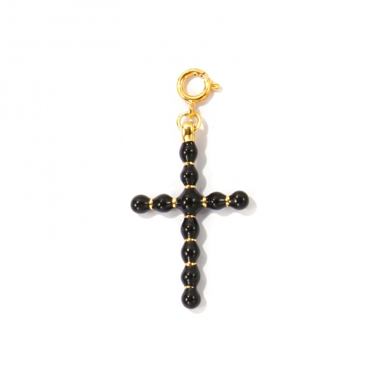 Imagen de 1 Unidad Respetuoso del Medio Ambiente Latón Religión Colgantes Al Por Mayor 18K Oro Real Chapado Negro Cruz Con Cierre De Resorte 4.7cm x 2.3cm