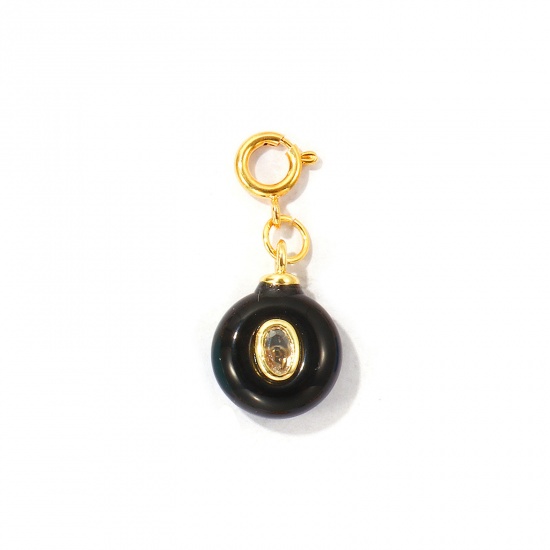 Imagen de 1 Unidad Respetuoso del Medio Ambiente Latón & Gema Colgantes Al Por Mayor 18K Oro Real Chapado Negro Ronda Con Cierre De Resorte Claro Circón Artificial 3cm x 1.3cm