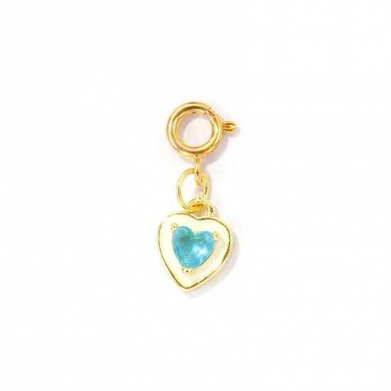 Imagen de 1 Unidad Respetuoso del Medio Ambiente Latón día de San Valentín Colgantes Al Por Mayor 18K Oro Real Chapado Blanco Corazón Con Cierre De Resorte Azul Circón Artificial 24mm x 9mm