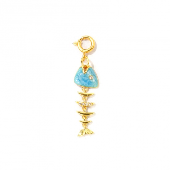 Imagen de 1 Unidad Respetuoso del Medio Ambiente Latón Joyería del océano Colgantes Al Por Mayor 18K Oro Real Chapado Azul Huesos de pescado Con Cierre De Resorte Claro Circón Artificial 3.9cm x 1cm